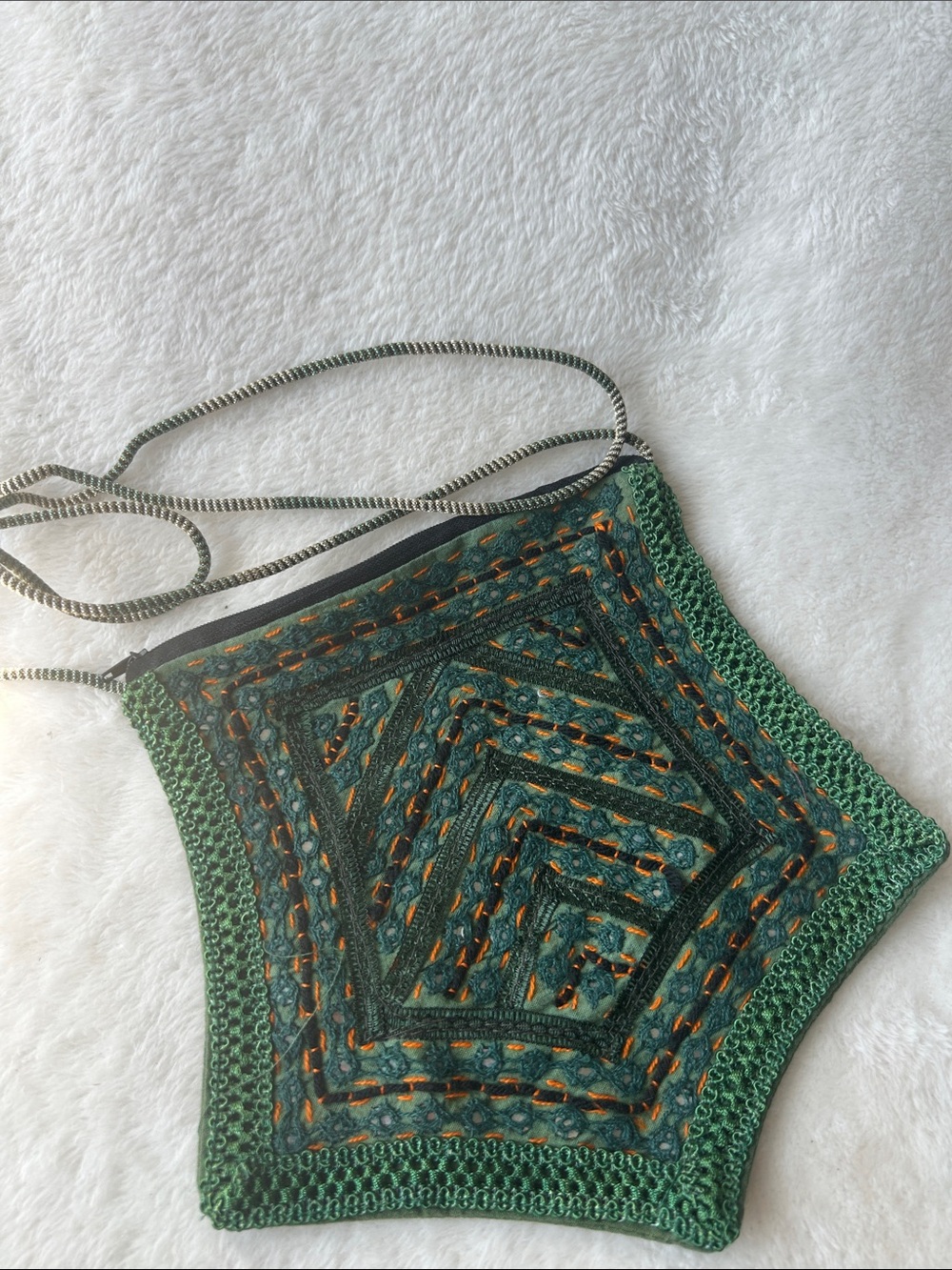 Vintage boho festival pouch bag green geometric tribal crossbody shoulder bag.